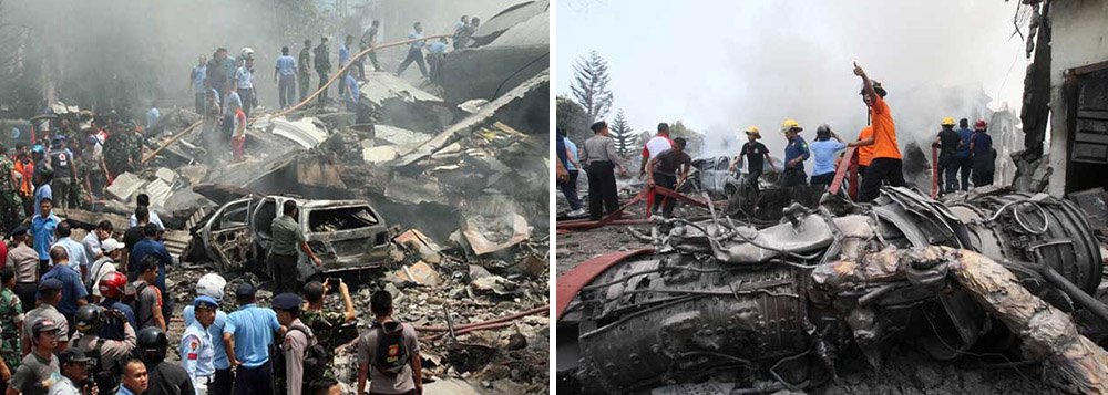 Aeronave, um Hercules C-130 que entrou em operação há mais de 40 anos, caiu sobre casas e um hotel em uma área da cidade de Medan, em Sumatra, matando pessoas a bordo do avião e no solo; porta-voz militar Fuad Basya disse que 12 militares, incluindo o piloto, estavam a bordo do avião, que, segundo testemunhas, aparentemente explodiu pouco depois de bater no solo