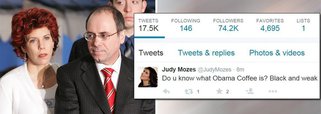 Judy Shalom Nir Mozes , mulher do ministro do interior de Israel, Silvan Shalom , pediu desculpas ao presidente dos Estados Unidos, Barack Obama, após postar uma piada racista em seu perfil no Twitter; Você sabe como é o café Obama? Preto e fraco", dizia a mensagem que foi apagada pouco depois de ter sido postada; postagem, porém, foi salva por internautas que criticaram a piada e a própria Judy, a quem chamaram de racista; Ela então pediu desculpas e escreveu que a mensagem apagada era "uma piada estúpida que alguém me contou".