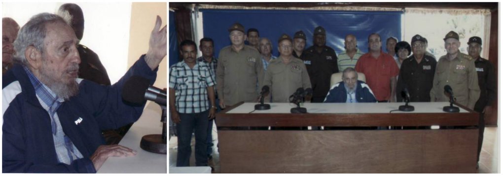 O líder cubano Fidel Castro fez sua sua segunda aparição pública em menos de uma semana, de acordo com o jornal oficial "Granma"; ele se reuniu com os três maiores chefes militares da ilha e trabalhadores civis; Castro entregou "diplomas de reconhecimento pelo trabalho desenvolvido na produção de alimentos", segundo o diário, em um evento na quinta (9); em uma das três fotos que acompanham a reportagem, o ex-ditador é mostrado presidindo a reunião, vestido com jaqueta esportiva azul e branca sobre uma camisa xadrez