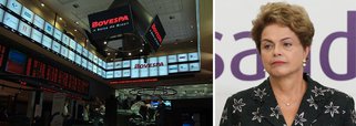 O Ibovespa dispara depois da divulgação da pesquisa CNT/MDA que mostra uma queda da avaliação positiva do governo da presidente Dilma Rousseff caindo de 10,8% para 7,7%; a avaliação negativa já chega a 70,9%; desde a divulgação dos números, o índice subiu mais de 0,5% ou 400 pontos