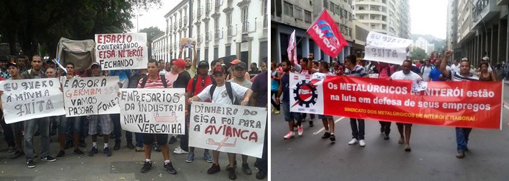 O encerramento das atividades do Estaleiro Eisa-Petro Um (antigo Mauá), em Niterói, mobilizou trabalhadores da empresa, que se concentraram nas imediações da Transpetro, subsidiária da Petrobras, no centro do Rio de Janeiro; eles querem posicionamento da estatal, principal cliente do estaleiro; o Sindicato dos Metalúrgicos de Niterói e Itaboraí agendou para os próximos dias 6 e 7 manifestações na sede da entidade, para discutir os rumos do movimento