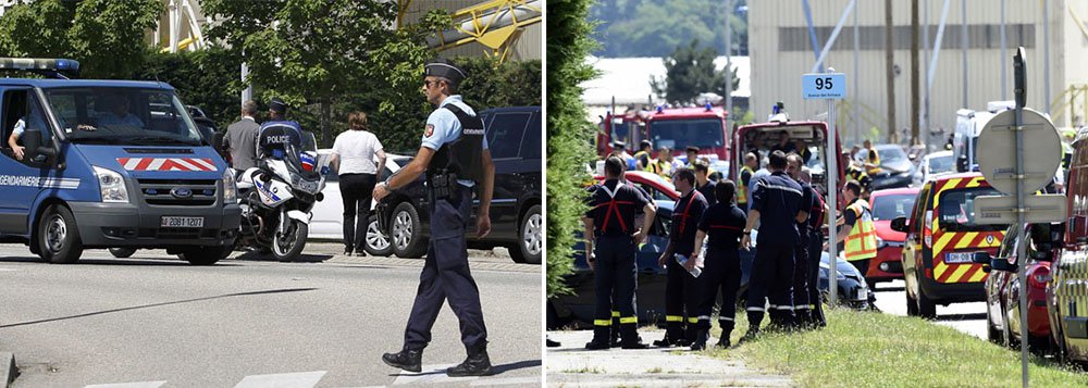 Cabeça decapitada coberta por escritas em árabe foi encontrada em uma empresa de gás norte-americana no sudeste da França nesta sexta-feira, após dois agressores baterem um carro nas instalações da companhia, explodindo tanques de gás; ataque, no qual uma pessoa foi morta e pelo menos uma ficou ferida, tinha as marcas de militantes islâmicos;  "O ataque foi de natureza terrorista, uma vez que um corpo foi encontrado, decapitado e com inscrições. Neste momento, há um morto e dois feridos", disse o prresidente da França, François Hollande; uma pessoa foi presa sob suspeita de envolvimento no ataque; segurança na região foi rfeorçada e instalações industriais estão sob vigilância