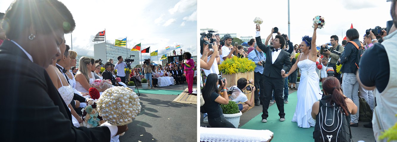 As comemorações da 18ª Parada do Orgulho GLBTS (lésbicas, gays, bissexuais, travestis, transexuais, transgêneros e simpatizantes) de Brasília contou com algumas peculiaridades que engrandeceram e deram um tom mais político ao evento; pela primeira vez no mundo, de acordo com os organizadores, o evento foi aberto por um casamento coletivo, selando no civil o compromisso de nove casais femininos e de um casal masculino; além disso, a cerimônia foi feita em um lugar bastante simbólico: em frente ao Congresso Nacional – local onde, segundo a deputada federal Erica Kokay (PT-DF), "há em gestação uma série de ameaças ao direito, ao amor e à igualdade"