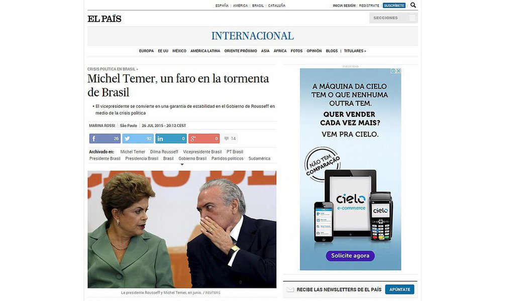 "A discrição e a extrema ponderação sempre foram um traço que se destacou na identidade do vice-presidente. Muitas vezes essas características foram interpretadas como fraqueza ou falta de ambição pela sua pouca afeição aos holofotes. Mas, na política o mistério vale ouro. E num momento em que sobra crise e falta liderança, o equilíbrio de Temer para lidar com o caos tem sido uma virtude que se sobressai. Transformou-se no fiador da estabilidade do Governo Dilma e do Brasil", disse o jornal espanhol El País