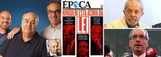Numa operação casada, o jornal O Globo e a revista Época lançam a mesma tese: a de que ninguém está acima da lei e das instituições; a mensagem foi transmitida em editorial do jornal O Globo, que equipara a situação do ex-presidente Lula à do presidente da Câmara, Eduardo Cunha (PMDB-RJ), e também na capa da revista Época desta semana; enquanto Cunha é acusado de cobrar propina de US$ 5 milhões da Toyo Setal, Lula se tornou alvo de um inquérito vago, criado a partir de reportagem do próprio jornal O Globo, cuja grande acusação é defender interesses de empresas brasileiras no exterior; manobra editorial demonstra que Lula será caçado implacavelmente pelos irmãos Marinho, sócios do empresário J.Hawilla (que também não está acima das leis e das instituições, nem do FBI), até 2018