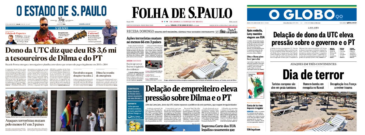 Folha e Globo imprimiram manchetes praticamente idênticas neste sábado, sugerindo que a delação de Ricardo Pessoa, dono da UTC Engenharia, eleva a pressão sobre a presidente Dilma e o PT; Estado de S. Paulo foi na mesma linha; a referência a nomes de oposicionistas, como Aloysio Nunes (PSDB-SP), Júlio Delgado (PSB-MG) e também ao tesoureiro do Solidariedade, de Paulinho da Força, foram solenemente ignoradas
