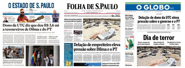 Folha e Globo imprimiram manchetes praticamente idênticas neste sábado, sugerindo que a delação de Ricardo Pessoa, dono da UTC Engenharia, eleva a pressão sobre a presidente Dilma e o PT; Estado de S. Paulo foi na mesma linha; a referência a nomes de oposicionistas, como Aloysio Nunes (PSDB-SP), Júlio Delgado (PSB-MG) e também ao tesoureiro do Solidariedade, de Paulinho da Força, foram solenemente ignoradas