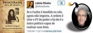 Timidamente, porém mais agressivos do que nunca, intolerantes da internet iniciam uma campanha para respaldar eventual ação do presidente agora oposicionista da Câmara dos Deputados pela derrubada da presidente Dilma Rousseff (PT); proliferam-se hashtags como #seaDilmacair, #fechadocomcunha e #CunhaExplodeOGoverno estimulando o ódio contra o governo e o PT: “Se o Cunha é bandido ou não, agora não importa. A ordem é tirar o PT do poder e hj ele é o único político capaz de realizar esse feito” resume post de notória fascistóide do microblog Twitter; campanha ganhou imediatamente o apoio do roqueiro Lobão, que multiplicou uma postagem odiosa em que a presidente da República é reatratada como uma criminosa comum em um cartaz forjado com os dizeres “procura-se viva ou morta”