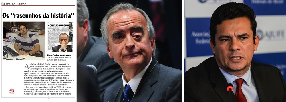 Em editorial publicado nesta semana, a revista Veja, da Editora Abril, celebra o fato de ter sido responsável pela prisão de Nestor Cerveró, ex-diretor da Petrobras; no texto, o jornalista Eurípedes Alcântara, diretor da publicação, comenta a decisão do juiz Sergio Moro, que cita Veja; "nosso orgulho profissional foi lustrado, mais uma vez, com a divulgação da sentença em que o juiz Sergio Moro, responsável pela Operação Lava-Jato, condena Nestor Cerveró, ex-diretor da Petrobras, pelo crime de lavagem de dinheiro"; num vídeo recente, Cerveró desafiou Moro e acusou de mantê-lo preso preventivamente sem provas e apenas com base numa reportagem; dias depois, Moro o condenou a cinco anos de prisão