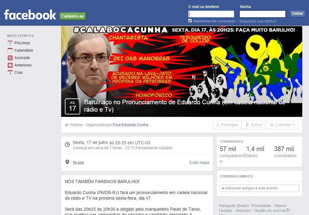 Pronunciamento em cadeia nacional do presidente da Câmara dos Deputados, Eduardo Cunha (PMDB-RJ), na noite desta sexta-feira, deverá ser marcado por um "barulhaço" organizado pelas redes sociais; objetivo é criticar as posições do deputado em relação a projetos como a redução da maioridade penal e financiamento de campanhas eleitorais, além de criticar a impunidade nos processos contra o peemedebista