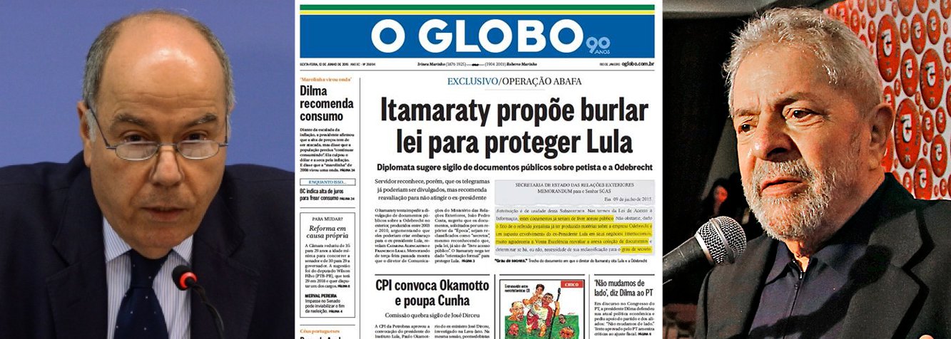 Ministério das Relações Exteriores, comandado por Mauro Vieira, divulga nota em que rechaça o que o jornal O Globo chama nesta sexta-feira 12 de "operação abafa" em defesa do ex-presidente Lula no Itamaraty; segundo a reportagem, ação tinha como objetivo tornar documentos sigilosos para protegê-lo de denúncias relacionadas à Odebrecht; trata-se de "matéria imprecisa, que induz o leitor a uma interpretação equivocada de um procedimento administrativo rotineiro, regular e previsto em lei", esclarece o comunicado da pasta