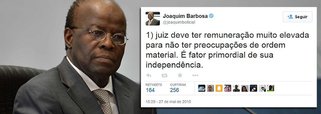 Em sua página no Twitter, ex-presidente do Supremo Tribunal Federal Joaquim Barbosa saiu em defesa do reajuste do Judiciário, que pode elevar para perto de R$ 100 mil a remuneração dos magistrados; ele usou como argumento o ‘combate à corrupção’: “Juiz deve ter remuneração muito elevada para não ter preocupações de ordem material. É fator primordial de sua independência”