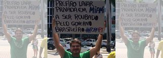 Blogueiro Rodrigo Constantino, que mora em Miami, nos Estados Unidos, posta foto nas redes sociais em que segura uma placa com a frase: "Prefiro lavar privada em Miami a ser roubado pelo governo brasileiro #ForaPT"