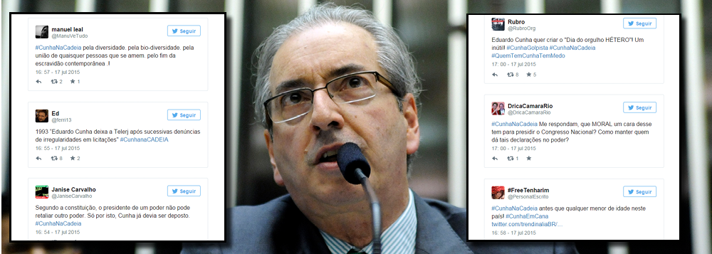"Tuitaço" na tarde desta sexta-feira, 17, contra o presidente da Câmara, Eduardo Cunha (PMDB-RJ), com a hashtag #CunhaNaCadeia entrou nos Trending Topics mundiais da rede social; às 19h desta sexta-feira, ocupava a segunda colocação na lista global; protesto online ocorreu após ele ser citado em delação premiada na Operação Lava Jato por Júlio Camargo, consultor da Toyo Setal, como destinatário de propina no valor de US$ 5 milhões e ter anunciado oficialmente o rompimento com o governo federal