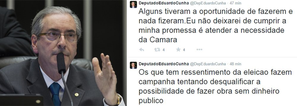 Pelo Twitter, o presidente da Câmara, Eduardo Cunha, negou e atribuiu a "adversários" as informações de que ele estaria autorizando a construção de um shopping center nas dependências da Casa; "É importante esclarecer que não existe essa história de shopping na Câmara. Essa colocação é pura maldade dos adversários. Minha promessa de campanha foi de fazer o anexo 5, e isso faremos de qualquer forma, com ou sem a concessão. Os que têm ressentimento da eleição fazem campanha tentando desqualificar a possibilidade de fazer obra sem dinheiro público. Alguns tiveram a oportunidade de fazer e nada fizeram"