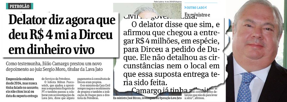 O novo depoimento do delator Júlio Camargo ao juiz Sergio Moro, em que ele diz ter pago propina de R$ 4 milhões, em dinheiro vivo, ao ex-ministro José Dirceu, levanta questões intrigantes; a primeira: por que Camargo não fez essa acusação nos seus primeiros depoimentos, mas só agora?; a segunda: por que ele não soube precisar as circunstâncias, o local ou a data do suposto pagamento; caso esteja mentindo, Camargo poderia perder os benefícios da delação premiada e ser preso como um dos maiores corruptores da história do Brasil, com atuação há várias décadas nas empresas estatais; advogados argumentam que delatores negociam o que dizem em troca da liberdade; se Júlio Camargo diz agora a verdade, significa que antes ele mentiu