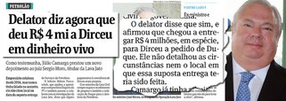 O novo depoimento do delator Júlio Camargo ao juiz Sergio Moro, em que ele diz ter pago propina de R$ 4 milhões, em dinheiro vivo, ao ex-ministro José Dirceu, levanta questões intrigantes; a primeira: por que Camargo não fez essa acusação nos seus primeiros depoimentos, mas só agora?; a segunda: por que ele não soube precisar as circunstâncias, o local ou a data do suposto pagamento; caso esteja mentindo, Camargo poderia perder os benefícios da delação premiada e ser preso como um dos maiores corruptores da história do Brasil, com atuação há várias décadas nas empresas estatais; advogados argumentam que delatores negociam o que dizem em troca da liberdade; se Júlio Camargo diz agora a verdade, significa que antes ele mentiu