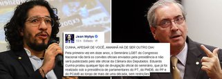 'Pela primeira vez em doze anos, o Seminário LGBT do Congresso Nacional não terá os convites oficiais enviados pela presidência e não será publicizado pelo site oficial da Câmara dos Deputados. Eduardo Cunha proibiu qualquer tipo de divulgação (...) e essa decisão antidemocrática, antirregimental, inconstitucional e autoritária obedece a uma única razão: HOMOFOBIA', diz deputado Jean Wyllys (PSOL-RJ), em sua página no Facebook
