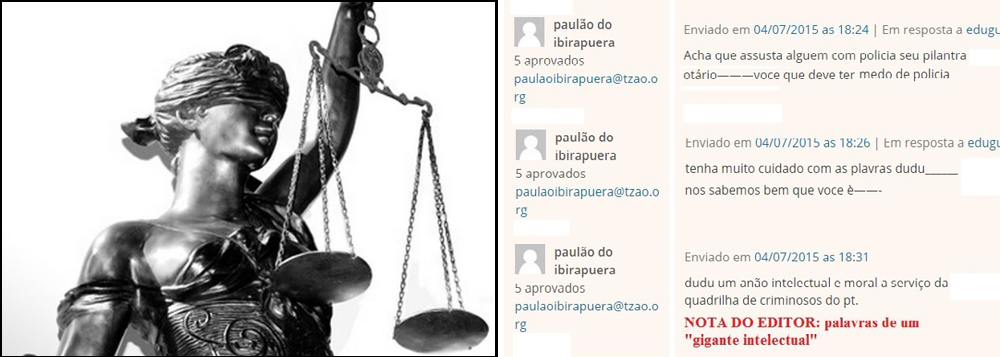 No último dia 4 de julho, um "fanático antipetista" postou 14 comentários no Blog da Cidadania "fazendo ameaças de violência contra o denunciante, além de ameaçar matar petistas e cometer violência sexual contra a presidente da República", escreve Eduardo Guimarães, administrador da página; ele publicou boletim de ocorrência registrado sobre o caso e informou que, na próxima semana, irá à delegacia oferecer representação pedindo instauração de inquérito