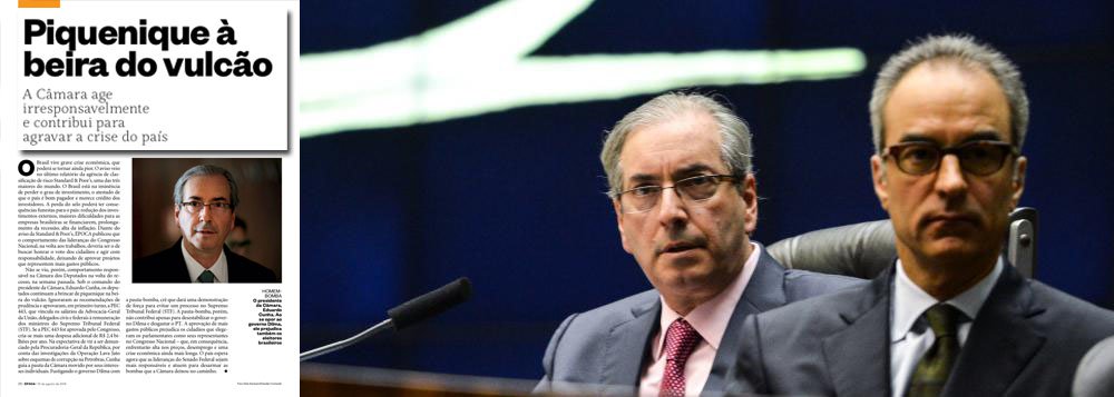 Embora o presidente da Câmara dos Deputados, Eduardo Cunha (PMDB-RJ), tenha feito vários esforços para se aproximar da Globo, inclusive prestando homenagens à emissora, o rompimento ficou claro neste fim de semana; editorial da revista Época acusou Cunha de fazer um "piquenique à beira do vulcão", com suas pautas-bomba, que têm elevado gastos públicos; Cunha sentiu o golpe e, no Twitter, tentou se defender; "A tentativa de alguns de me colocar como vilão das contas públicas por retaliação ao governo não tem amparo na realidade dos fatos", disse ele; em editorial recente, a Globo também condenou o impeachment e defendeu a permanência de Dilma até o fim de seu mandato