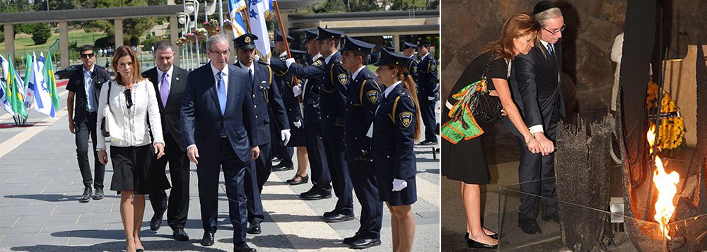 Em comitiva composta por 11 deputados, três assessores, um amigo e dois membros da comunidade judaica no Brasil, o presidente da Câmara, Eduardo Cunha, está em missão oficial a Israel, Palestina e Rússia; apesar de oficial, a viagem, contudo, também servirá para passeio turístico, e Cunha e mais três deputados levaram suas respectivas esposas; em Israel, o grupo está hospedado no hotel Waldorf Astoria de Jerusalém, cujas diárias variam de US$ 530 a US$ 1.450 – algo em torno de R$ 1.650 e R$ 4.500; a Câmara informou que os integrantes da comitiva viajaram em avião de carreira e que as mulheres dos parlamentares participam "às expensas dos maridos"