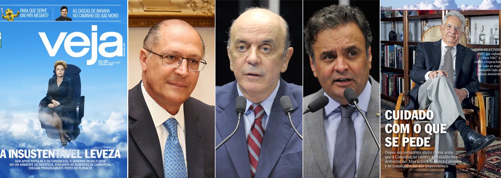 Texto publicado neste fim de semana pelo jornalista André Petry afirma que "a deposição presidencial não pode ser o alfa e o ômega da oposição"; é uma crítica direta ao senador Aécio Neves (PSDB-MG), cuja única agenda tem sido a de defender o golpe; Petry afirma, ainda, que "suspeitas e impopularidade não são razões para a anulação de um mandato presidencial"; citando o ex-presidente FHC, ele argumenta que não existem razões para um eventual impeachment; aos poucos, Veja começa a vocalizar os interesses dos dois tucanos que se opõem a Aécio: o governador Geraldo Alckmin e o senador José Serra (PSDB-SP); golpismo de Aécio se isola