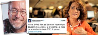 No Twitter, Míriam Leitão, colunista do Globo, disse que “não é o voto nem as ideias de Luiz Fachin que causam desconforto; “O problema é o risco de aparelhamento do STF”; segundo o jornalista Paulo Nogueira, do Diário do Centro Mundo, ela estava apenas repetindo uma expressão que seus patrões adoram empregar contra aqueles de quem não gostam