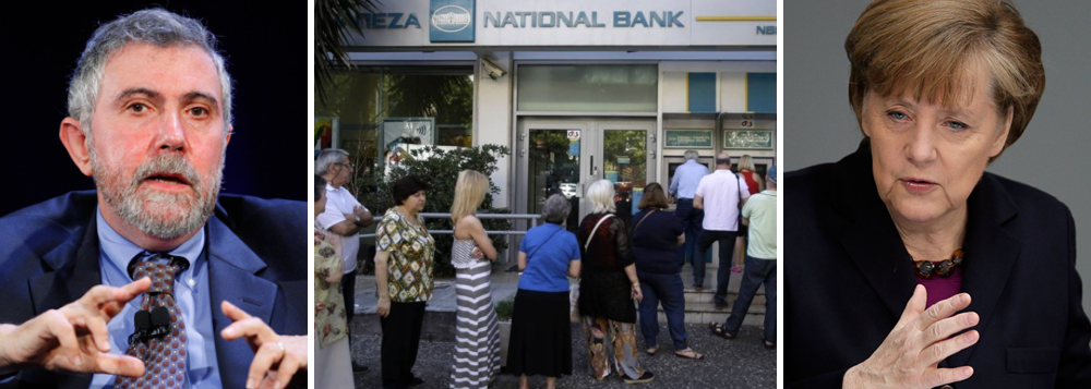 Economista Paul Krugman comemorou a vitória do "não" sobre as propostas dos credores no referendo desse domingo; "Mas a campanha de bullying — a tentativa de aterrorizar os gregos ao cortar financiamento bancário e ameaçar o caos geral, tudo com a meta quase escancarada de empurrar a corrente esquerdista do governo para fora — foi um momento vergonhoso em uma Europa que afirma acreditar em princípios democráticos", afirma; para Krugman, a "austeridade provavelmente afunda a economia mais rápido do que reduz a dívida, de modo que todo o sofrimento não serve a propósito algum"