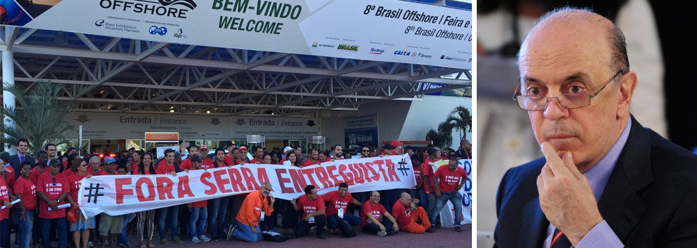 Movimentos que representam trabalhadores do setor do petróleo realizaram um ato nesta terça-feira 23 na entrada do Centro de Convenções de Macaé (RJ), durante a abertura da 8ª Edição da Feira Brasil Offshore, interrompendo a fala do senador José Serra (PSDB-SP) com discurso em defesa da Petrobras; o tucano é autor de um projeto que retira a obrigatoriedade da estatal de ter participação em todos os negócios na exploração do pré-sal