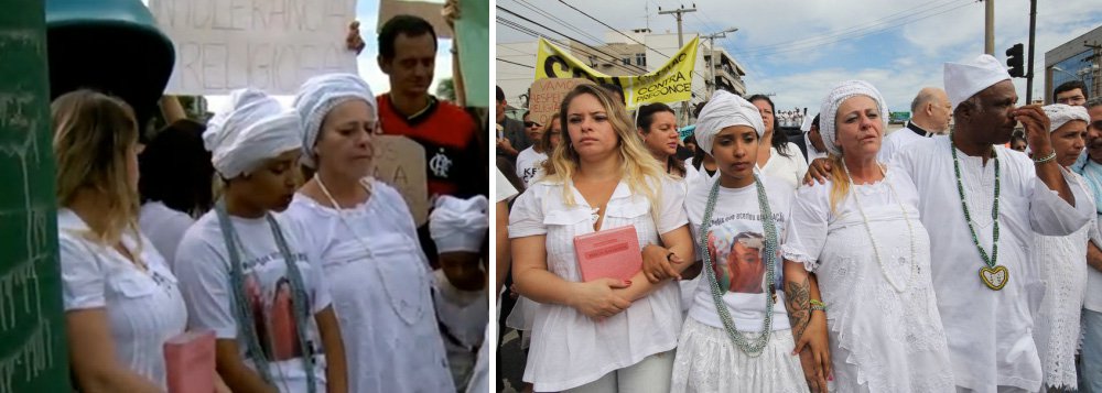 A menina Kayllane Campos, 11 anos, atingida na testa por uma pedra no último dia 14 ao sair de um culto do candomblé, participou de ato contra a intolerância religiosa, na Vila da Penha, bairro da zona norte da cidade e disse que não é ela quem precisa perdoar os agressores. "Quem tem que perdoar não sou eu, é o meu pai Oxalá"; mãe de Kayllane, Karina Coelho, que é evangélica e também participou do ato também observou que quem tem que perdoar os agressores é Deus; "Não tenho raiva, não tenho ódio. Eles têm que pagar como humanos, mas quem perdoa é Deus. Deus acima de tudo e de todos", destacou