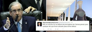 No documento, assinado pelo advogado-geral da União substituto, Fernando Luiz Albuquerque Faria, a Câmara argumenta que a ação do Ministério Público, que apreendeu documentos que podem comprovar o envolvimento de Eduardo Cunha (PMDB) na Lava Jato, autorizada pela Suprema Corte, “desrespeitou prerrogativas fundamentais da Constituição e a harmonia dos Poderes, necessárias para um exercício altivo e independente do Poder Legislativo para a sobrevivência de uma democracia civilizada”; pelo Twitter, Cunha negou influência sobre o recurso: a reação “deveria ter sido feita em defesa da imunidade parlamentar, não em defesa minha, da qual não preciso” 