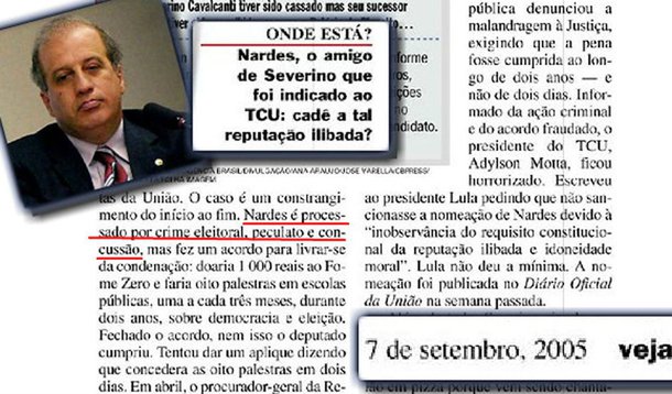 Ministro Augusto Nardes, que ameaça rejeitar as contas da presidente Dilma Rousseff no TCU, teve sua nomeação no órgão devido “à inobservância do requisito constitucional da reputação ilibada e idoneidade moral”; Nardes respondia ao Inquérito 1827-9 - crime eleitoral, peculato e concussão, doação de campanha eleitoral