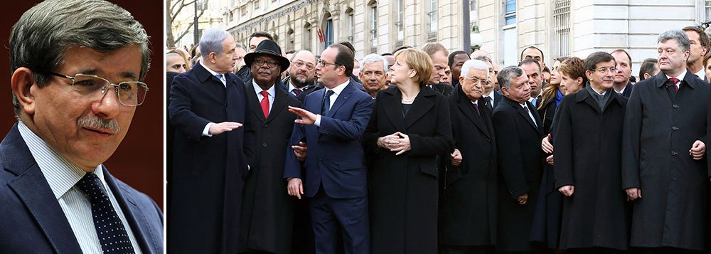 "Assim como o massacre de Paris cometido por terroristas é um crime contra a humanidade, Netanyahu, como chefe de governo que mata crianças brincando na praia com bombardeios em Gaza, destrói milhares de casas... e que massacrou nossos cidadãos (turcos) em um barco que prestaria ajuda humanitária e estava em águas internacionais, cometeu crimes contra a humanidade", disse o primeiro-ministro turco Ahmet Davutoglu; no domingo, Netanyahu participou da marcha em Paris contra o terror e em defesa da liberdade de expressão; Davutoglu também disse que "a liberdade de imprensa não significa a liberdade de insultar" e que "não se pode aceitar insultos ao profeta", em referência às charges do Charlie Hebdo