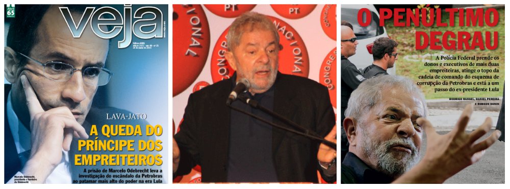 Revista da Editora Abril, que tem feito campanha sistemática contra o ex-presidente Lula nas últimas décadas, afirma que a prisão dos empreiteiros Marcelo Odebrecht, da Odebrecht, e Otávio Azevedo, da Andrade Gutierrez, foi o "penúltimo degrau" da Operação Lava Jato; na reportagem deste fim de semana, Veja praticamente pede que o juiz Sergio Moro prenda, na fase derradeira, o ex-presidente Lula, apontado pela população brasileira como o melhor presidente da história e tido como eventual candidato do PT em 2018; de acordo com Veja, que também acusa os filhos do ex-presidente, a Polícia Federal agora está "a um passo do ex-presidente Lula"; guerra política praticamente quebrou o setor de engenharia no Brasil