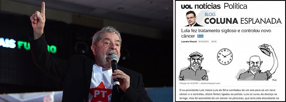 Ex-presidente Lula entrou com uma interpelação judicial contra o jornalista Leandro Mazzini, no Fórum Criminal de SP, por publicar em sua coluna a falsa notícia de que ele teria feito um tratamento sigiloso no Hospital Sírio-Libanês contra um câncer no pâncreas no início de 2014; ele pede ainda esclarecimentos sobre dados como o suposto uso do medicamento Bevacizumab; informação do UOL foi reproduzida nos veículos do Grupo Folha; Instituto Lula classificou o texto de Mazzini como 'peça de ficção'