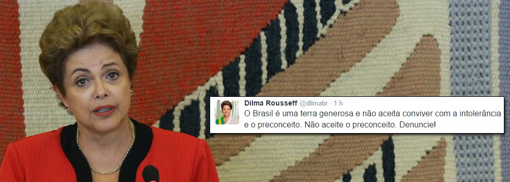 Nas redes sociais, a presidente disse que o Estatuto da Igualdade Racial, que comemora cinco anos nesta segunda-feira, ajuda a combater o racismo, e que o Brasil, por ser uma terra generosa, não aceita "conviver com a intolerância e o preconceito"; Dilma defendeu ainda, por suas contas no Twitter e no Facebook, que o preconceito não deve ser tolerado, e pediu que as pessoas denunciem casos de racismo