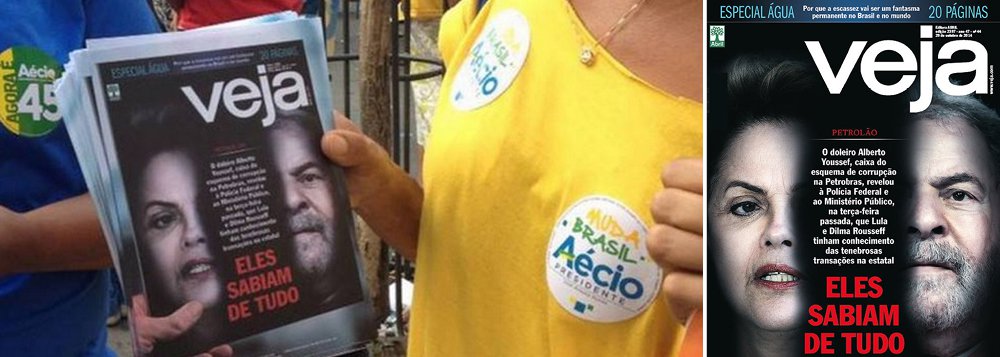 "As pesquisas Datafolha, Ibope e Vox Populi deste sábado mostram que, além de o crime eleitoral de Veja não ter funcionado, a revista ainda terá que arcar com o custo judicial – e, consequentemente, financeiro – desse repugnante crime eleitoral", diz Eduardo Guimarães, do Blog da Cidadania; capas da revista (isso mesmo, só as capas) foram distribuídas pela campanha de Aécio Neves como santinho eleitoral