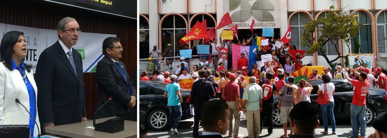 Manifestantes que grivatam "fora, Cunha" entraram em confronto com seguranças da Assembleia Legislativa da Paraíba; eles promoveram um apitaço e jogaram ovos quando o presidente da Câmara entrou no local; protesto acabou desbancando para a violência quando os seguranças tentaram impedir o acesso dos manifestantes às galerias da Casa; Eduardo Cunha, que já foi alvo de protestos no Rio Grande do Sul e em São Paulo durante a passagem do seu projeto 'Câmara itinerante', atribuiu a responsabilidade da confusão ao PT