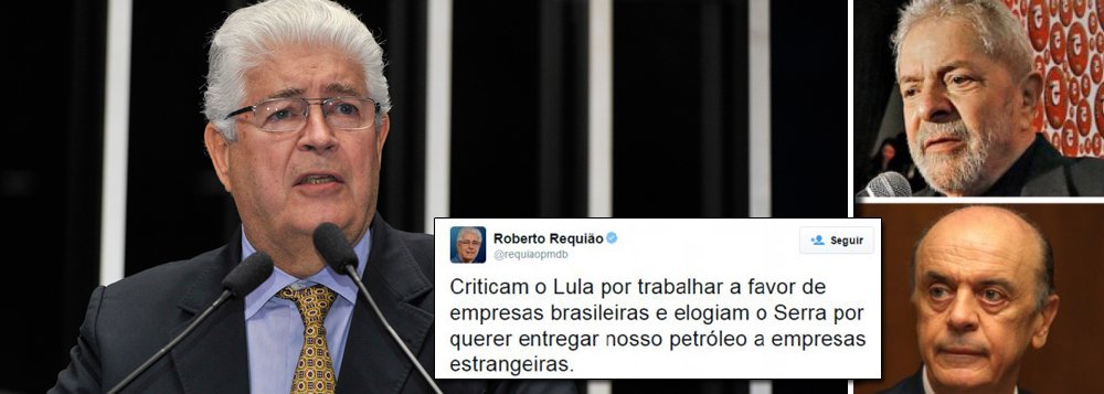 Mensagem publicada hoje pelo senador Roberto Requião (PMDB-PR) no Twitter resume a inversão de valores no tratamento da imprensa a petistas e tucanos; enquanto Lula virou 'lobista' por defender empresas brasileiras, o projeto do senador José Serra (PSDB-SP), que retira a obrigatoriedade de participação da Petrobras em todos os blocos de exploração do pré-sal, avança; "Criticam o Lula por trabalhar a favor de empresas brasileiras e elogiam o Serra por querer entregar nosso petróleo a empresas estrangeiras", escreveu o parlamentar