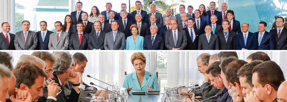 "Conto com vocês. Quero dizer, do fundo do coração, que vocês podem contar comigo", disse a presidente aos 27 governadores, ao abrir encontro no Palácio da Alvorada nesta tarde; "Há muito que nós sabemos que o Brasil se passa nos estados e nos municípios. Se nós não tivermos um projeto de cooperação federativa, em que nos articulemos e façamos com que ela dê frutos e resultados, não estaremos trilhando o bom caminho. O bom caminho é aquele da cooperação", discursou Dilma; ela defendeu seu mandato, ressaltando que o cumprirá até o fim, em 2018, afirmou que a economia do Brasil tem condições de se recuperar e que a reunião desta quinta-feira tem papel importante na condução dos destinos do País