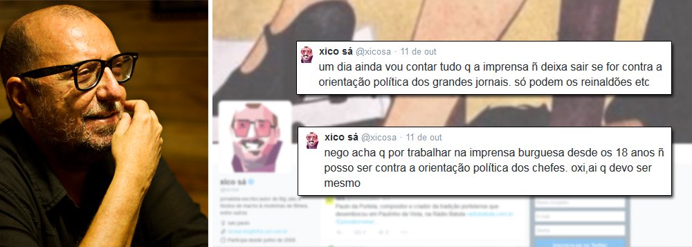 Um dos mais veteranos colunistas da Folha, o jornalista Xico Sá deixou o jornal após ser impedido de publicar artigo em que declarava seu apoio à presidente Dilma Rousseff; em email ao 247, o editor-executivo da Folha, Sergio Dávila, confirmou a saída; "Sim, Xico Sá pediu demissão da Folha. Em sua última coluna semanal, que seria publicada no sábado 11/10 no caderno Esporte, ele declarava voto num dos candidatos à corrida presidencial, o que fere a política do jornal, segundo a qual os colunistas devem evitar fazer proselitismo eleitoral em seus textos"; Xico Sá declarou seu voto em Dilma no Twitter, no sábado, e criticou a "imprensa burguesa"; "Pq não investigar todos?", questionou