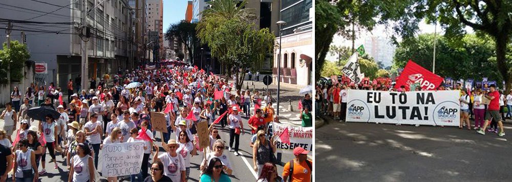 Educadores em greve há 17 dias realizam em Curitiba, uma grande marcha contra o governador Beto Richa (PSDB); os manifestantes, empunhando a bandeira da qualidade de ensino, rumam das praças centrais ao Palácio Iguaçu, Centro Cívico, onde ficam os três poderes; segundo a APP-Sindicato, que representa os trabalhadores da educação, a paralisação não é apenas por salários, mas por condições dignas de trabalho nas 2,1 mil escolas do estado que não têm, ainda, condições de abrirem as portas
 
 
 