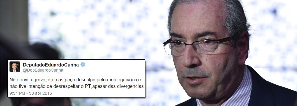 O presidente da Câmara dos Deputados, Eduardo Cunha (PMDB-RJ), pediu desculpas, por meio de sua conta no Twitter, pelas críticas feitas contra o PT durante um jantar da bancada do PMDB realizado na última terça-feira quando disse que onde o PT vai todos ficam contra ele e que o partido só ganha votação no Plenário da Câmara quando o PMDB fica com pena; segundo mensagem postada pelo parlamentar em sua conta pessoal no Twitter, "não houve intenção de ofender o PT, apesar de existirem divergências"