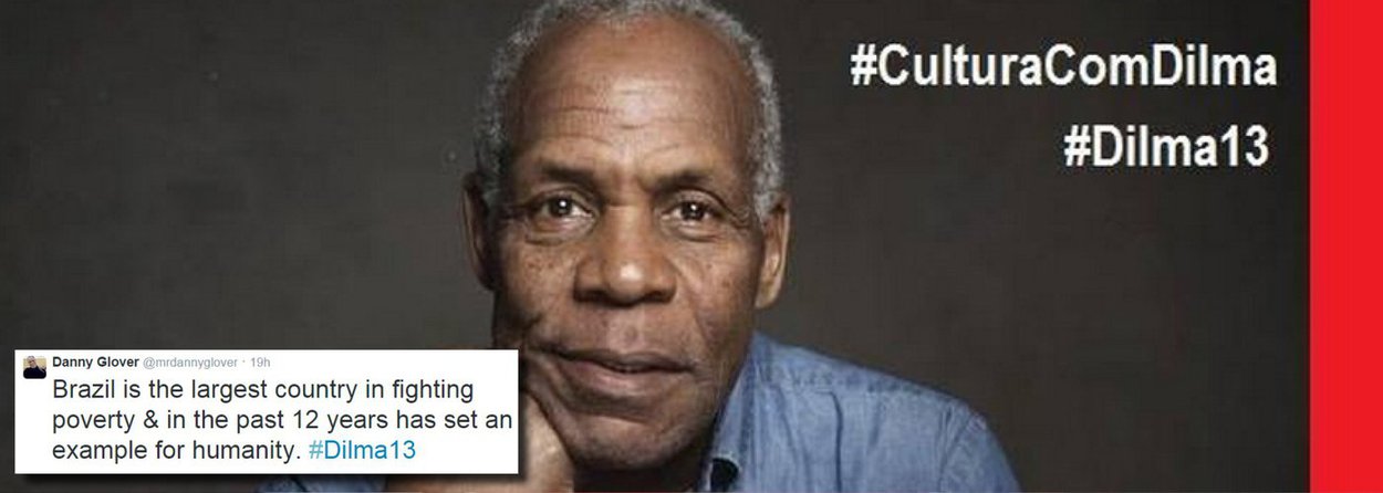 Casado com uma brasileira, o ator norte-americano mandou uma mensagem de incentivo à presidente e candidata à reeleição pelo PT, Dilma Rousseff, pelo Twitter; “O Brasil é o maior país na luta contra a pobreza e nos últimos 12 anos se tornou um exemplo para a humanidade. #Dilma13″, escreveu Glover