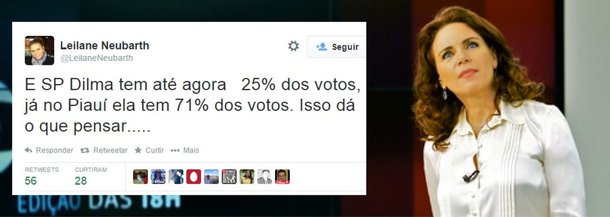 Postagem da jornalista Leilane Neubarth com ironia por altos índices de votos na presidente Dilma Rousseff (PT) gera grande repercussão na internet; declaração dela guardou semelhança com comentário do ex-presidente Fernando Henrique Cardoso, que atribuiu aos “desinformados dos grotões” – leia-se, do Nordeste – a vitória de Dilma Rousseff no primeiro turno; para o jornalista Eduardo Guimarães, do Blog da Cidadania, "Leilane difundiu preconceito contra nordestinos"