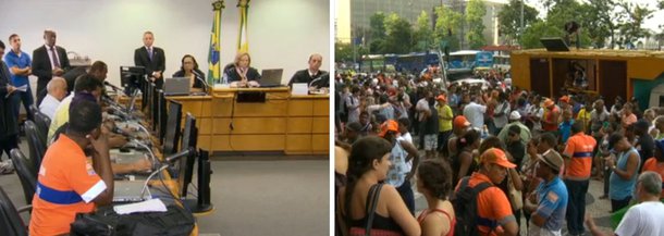 Os garis da Companhia Municipal de Limpeza Urbana do município do Rio de Janeiro (Comlurb) decidiram nesta quarta (18), após nova audiência no TRT, manter a greve iniciada na última sexta (13); após a audiência, os trabalhadores seguiram em passeata pelas ruas do centro do Rio; os trabalhadores não aceitaram a proposta da empresa, de reajuste salarial de 7,7% e manutenção do vale-refeição no valor unitário de R$ 20; os garis reivindicam aumento salarial de 40% e reajuste do vale-refeição dos atuais R$ 20 para R$ 27