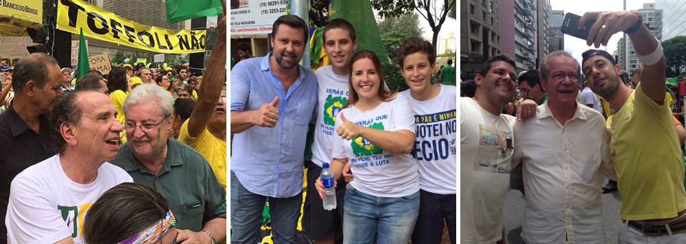 Nomes do PSDB engrossaram o coro em favor dos protestos que ocorrem neste domingo (15), contra o governo da presidente Dilma Rousseff; parlamentares como os tucanos Aloysio Nunes, Carlos Sampaio, José Anibal, Marcus Pestana e o demista Ronaldo Caiado participaram das manifestações e postaram declarações duras contra a petista; Sampaio, por exemplo, aderiu ao #ForaDilma; "Nós fazemos parte desses milhões de brasileiros que não suportam mais esse governo corrupto e mentiroso! ‪#‎carlossampaio‬ ‪#‎vemprarua‬ ‪#‎ForaDilma‬", publicou ele no Facebook; o governador de Goiás, Marconi Perillo (PSDB), e o prefeito de Salvador, ACM Neto (DEM), destacaram a importância dos atos, mas em tom mais moderado