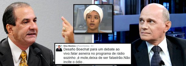 Jornalista rebateu irritado ao desafio feito pelo pastor para que ele participasse de um debate sobre intolerância religiosa em relação à menina que foi agredida no Rio, ao sair de um culto do Candomblé; "Ô Malafaia, vai procurar uma rola. Não me enche o saco, você é um idiota, um paspalhão, um pilantra, tomador de grana de fiel, explorador da fé alheia (...) Não vou te dar palanque", disse Ricardo Boechat, ao vivo, na Band News; pastor disse que irá entrar com uma ação na Justiça para que o jornalista prove o que disse no ar