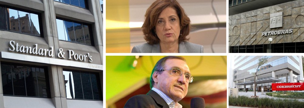 A Globo Comunicação e Participações S.A, da família Marinho, foi uma das 30 empresas que tiveram sua classificação rebaixada para negativa pela agência Standard &amp; Poor's nesta quarta-feira 29; por meio de colunistas econômicos como Miriam Leitão e Carlos Alberto Sardenberg, a Globo previu por várias vezes o rebaixamento e até a perda do grau de investimento do Brasil, que não se concretizou; já Petrobras e Odebrecht, usadas intensivamente para atacar o governo da presidente Dilma, não sofreram alteração em suas classificações; família Marinho demonstra não seguir os ensinamentos de Miriam e Sardenberg