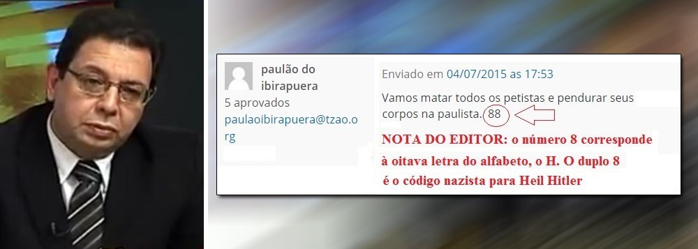 Eduardo Guimarães, do Blog da Cidadania, pretende tomar as "medidas legais" contra um usuário que publicou "14 comentários obscenos e ameaçadores" em um post de sua página; entre as ameaças, está o assassinato de petistas e a retirada do site do ar, entre outros comentários absurdamente sexistas contra a presidente Dilma
 
 
 